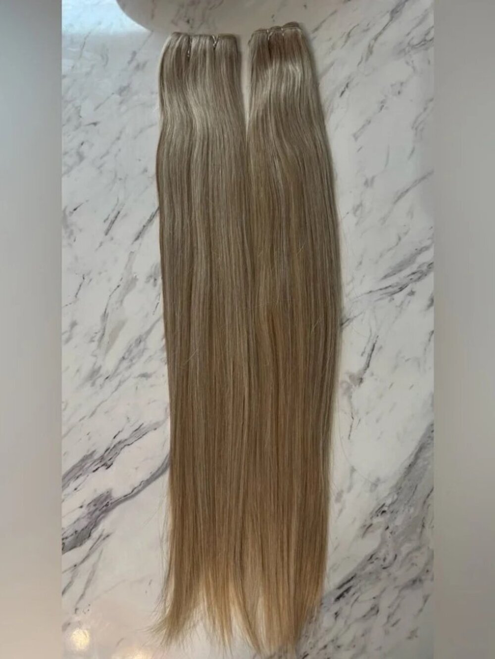 28” Light Ash Blonde Highlights Weft Hair Extensions Lightweight, Silky Straight
